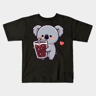 Cute koala holding a glass of coca cola drink with heart, koala lover design, kawaii koala Kids T-Shirt